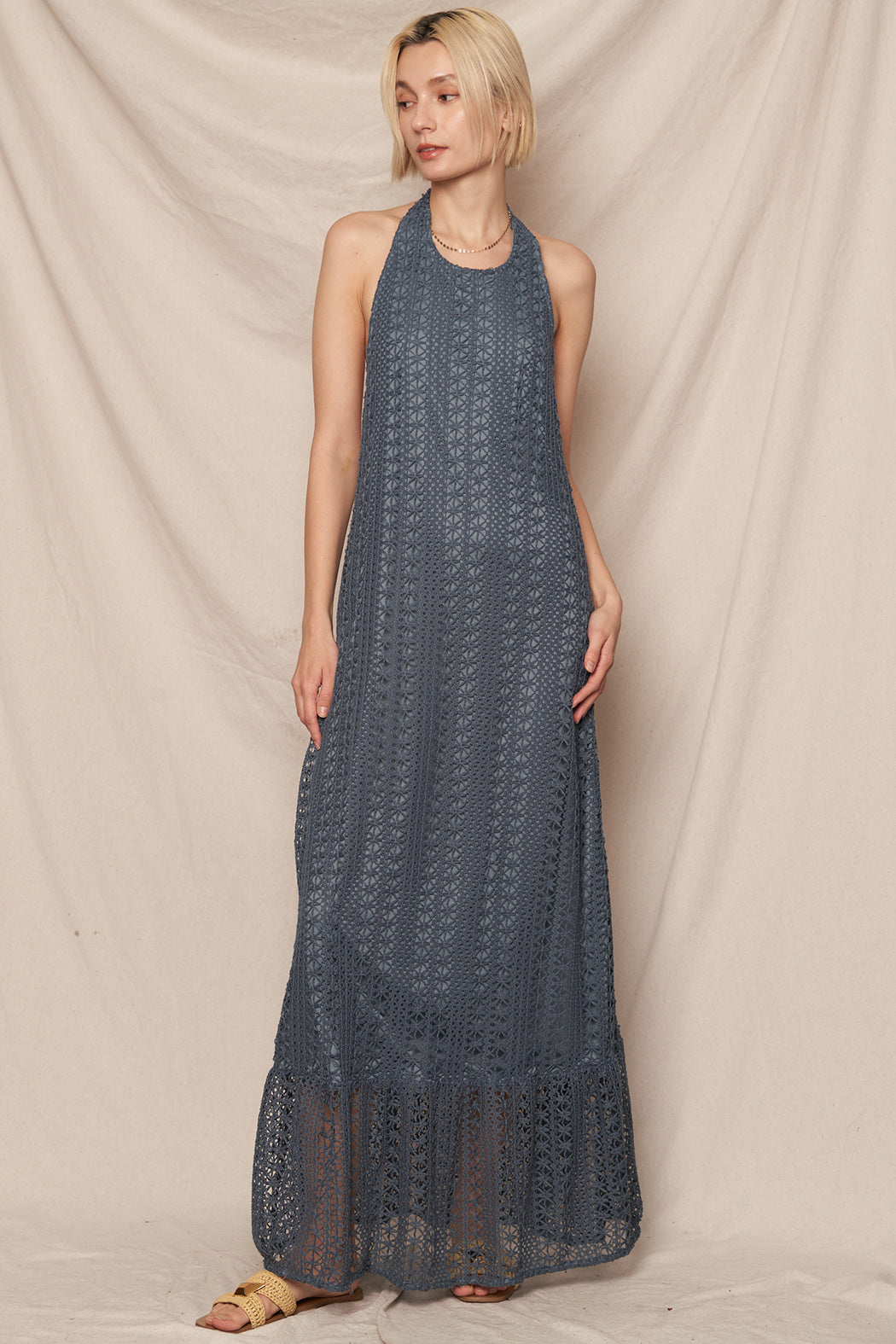 Tia Crochet Halter Dress S / Taupe Tia Crochet Halter Dress S / Taupe