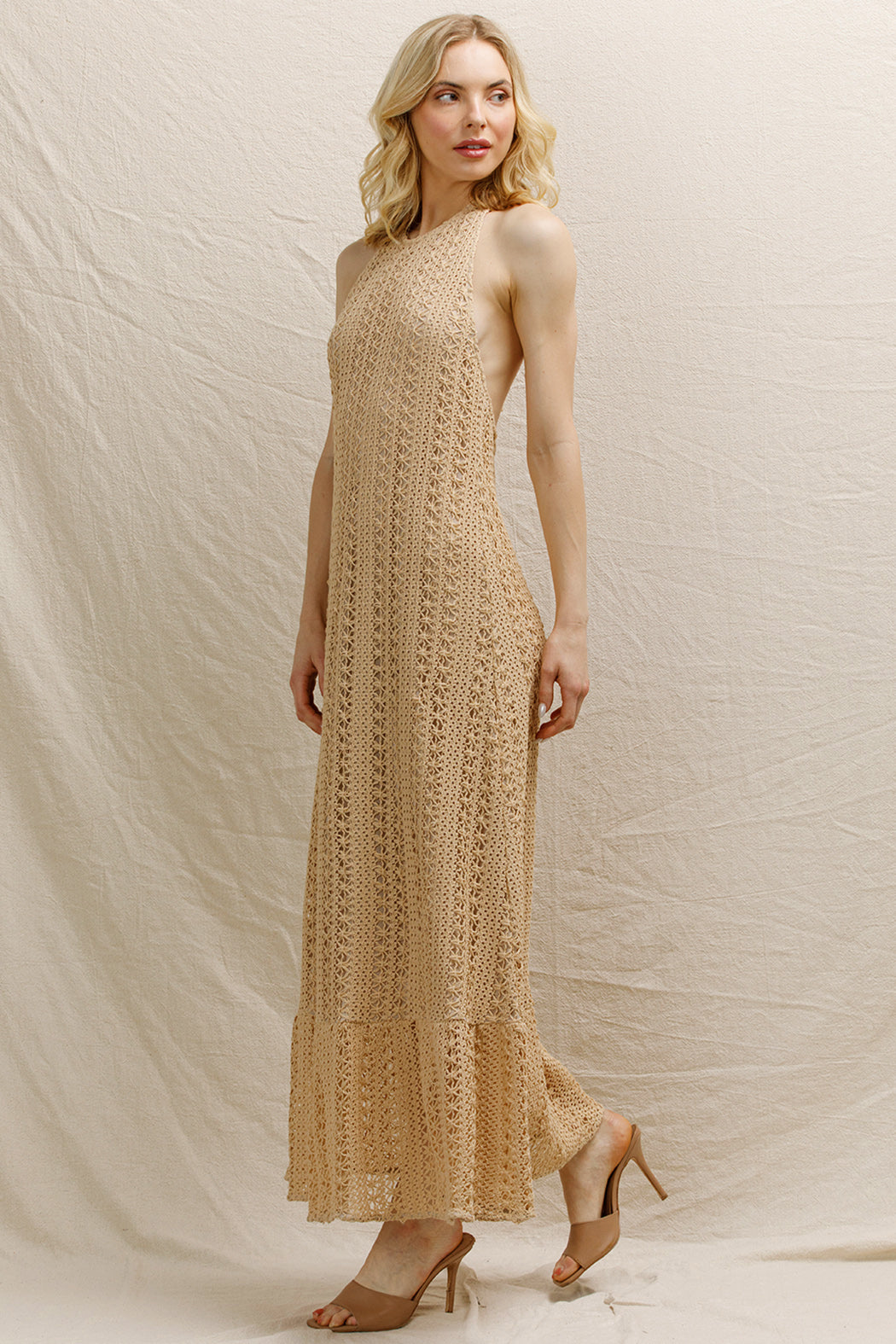 Tia Crochet Halter Dress S / Taupe Tia Crochet Halter Dress S / Taupe