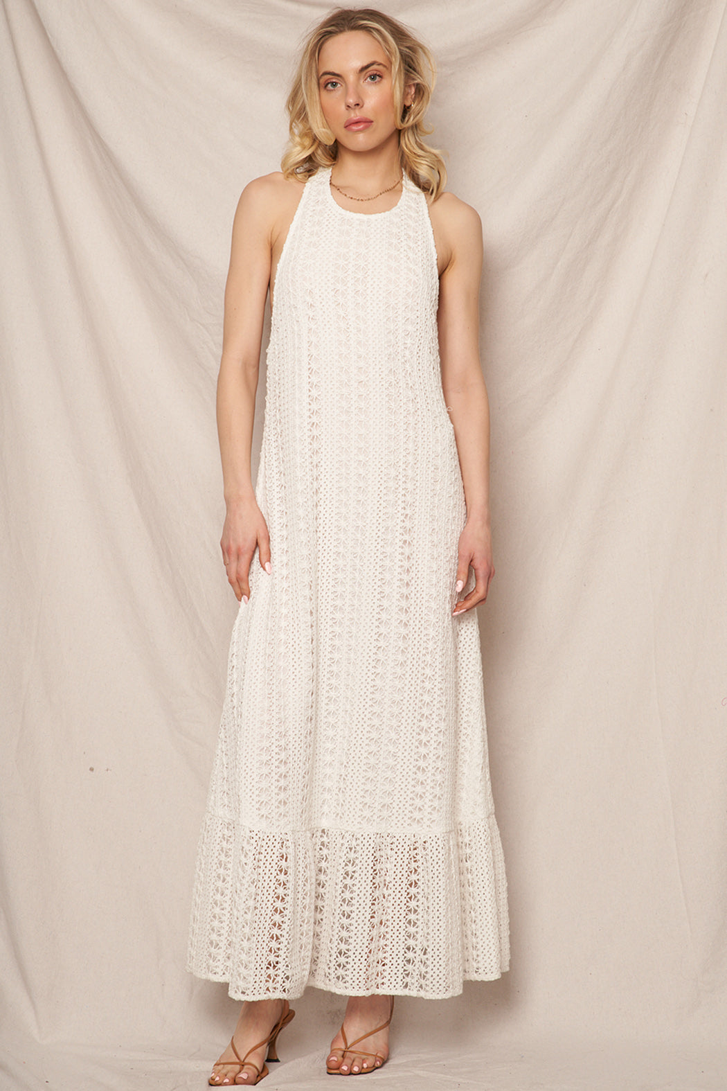 Tia Crochet Halter Dress S / Taupe Tia Crochet Halter Dress S / Taupe