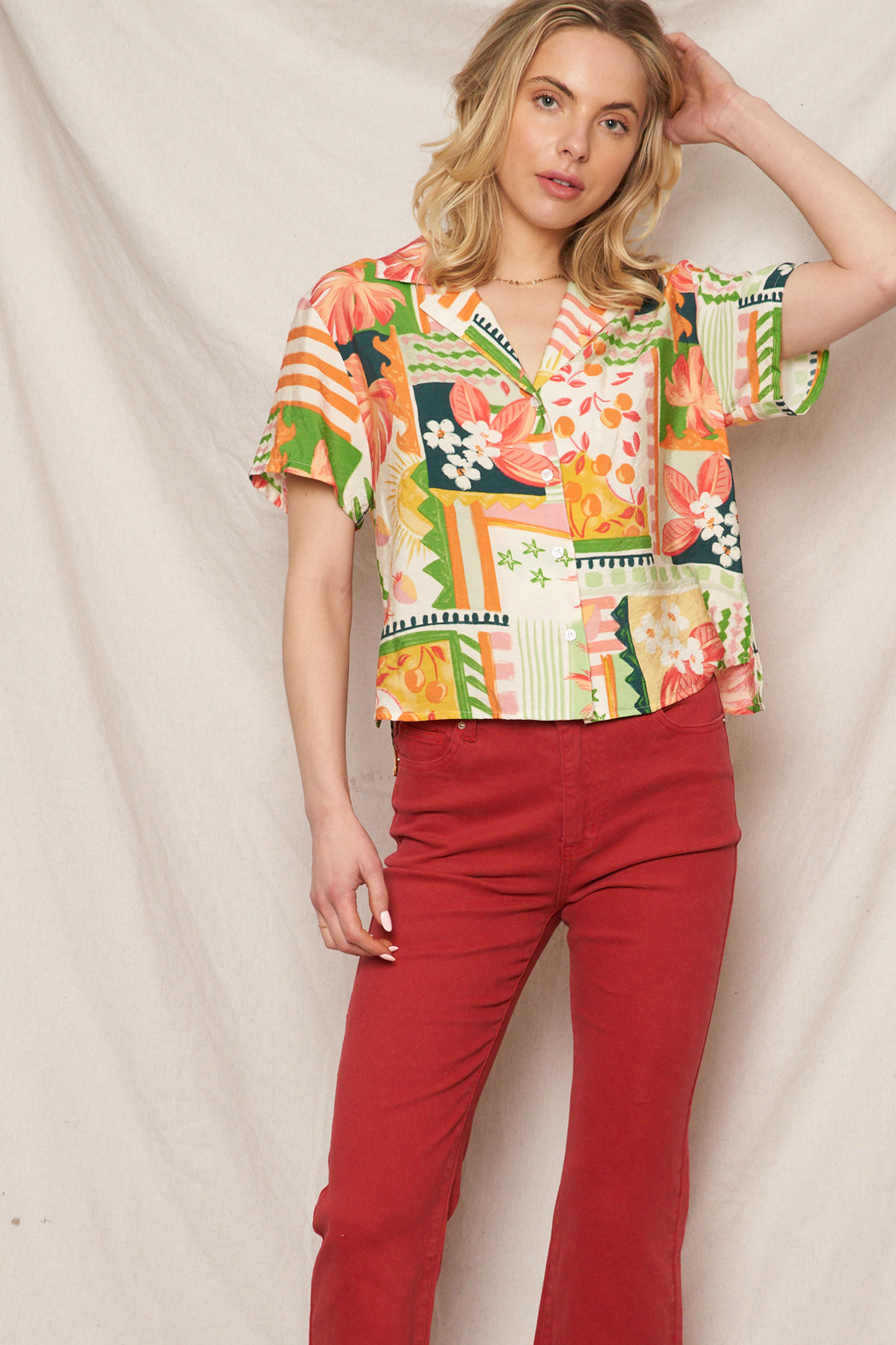 Cerise Tropical Print Blouse