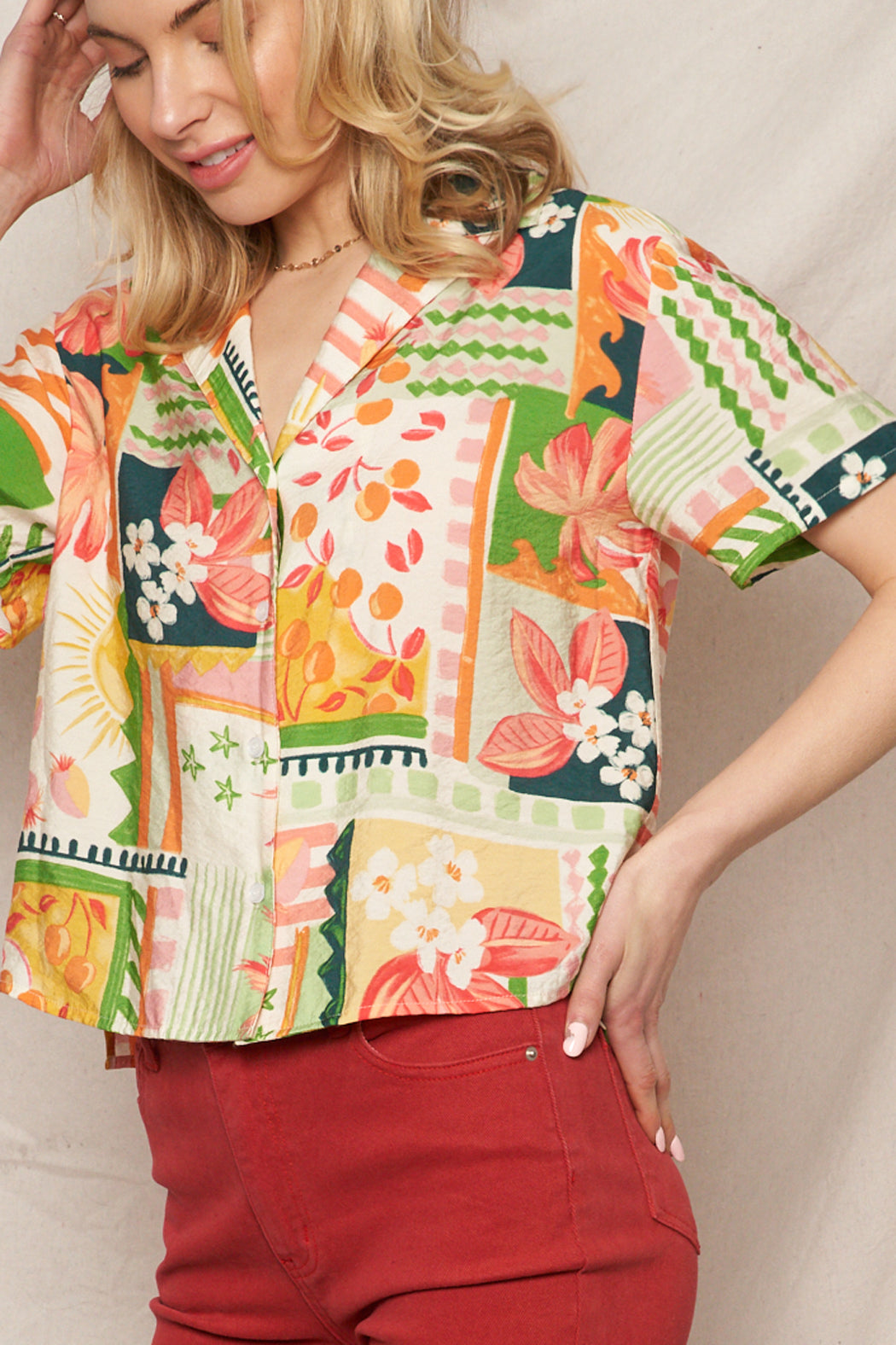 Cerise Tropical Print Blouse