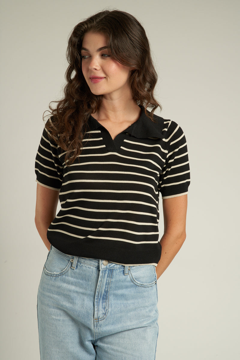 Striped Collared Knit Top